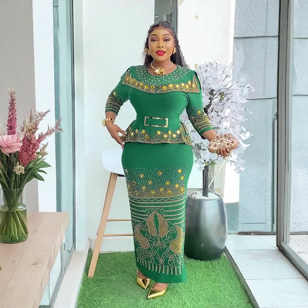 

African Party Dresses for Women Plus Size Dashiki Diamond Bodycon Maxi Long Dress Elegant Turkey Muslim Wedding Evening Gown