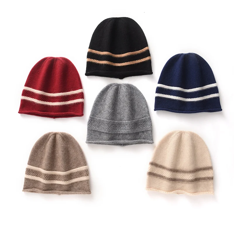 New Autumn And Winter 100% Cashmere Color-Blocked Striped Thick Knitted Fashion Beanie Hat Warm And Snug