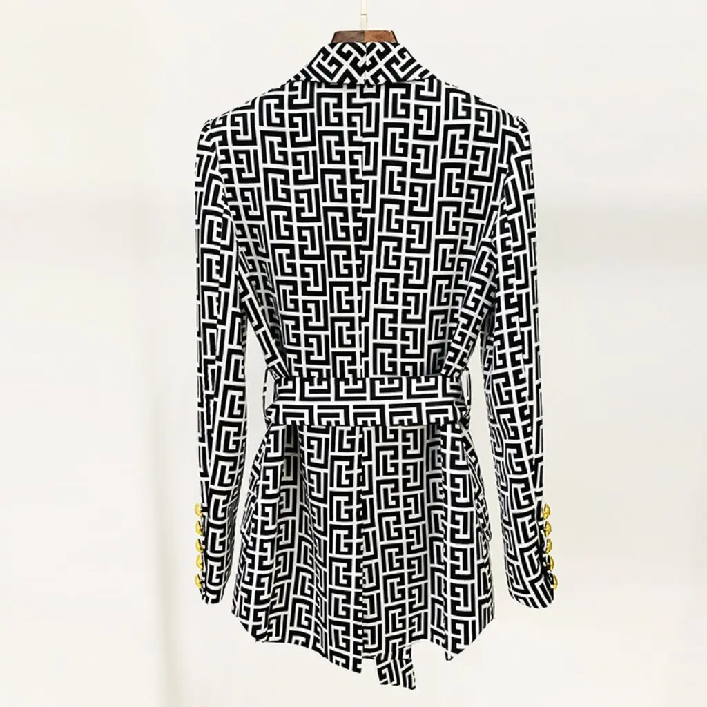 

Spot Green Double-Breasted Blazer European American Style Maze Picture Printed Belt Mid-Length Fruit Collar Women's Jacket