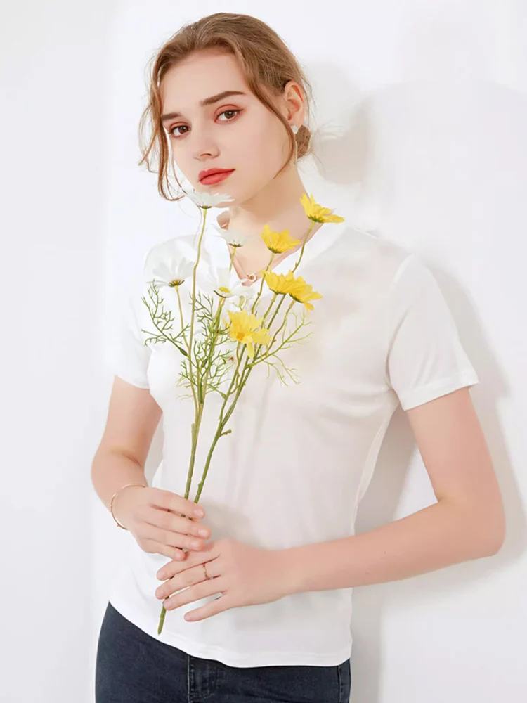 SuyaDream Women Solid T Shirt 30%Silk 70%Viscose V Neck Short Sleeves Chic Shirt 2025 Spring Summer Khaki Silk Top XXXL