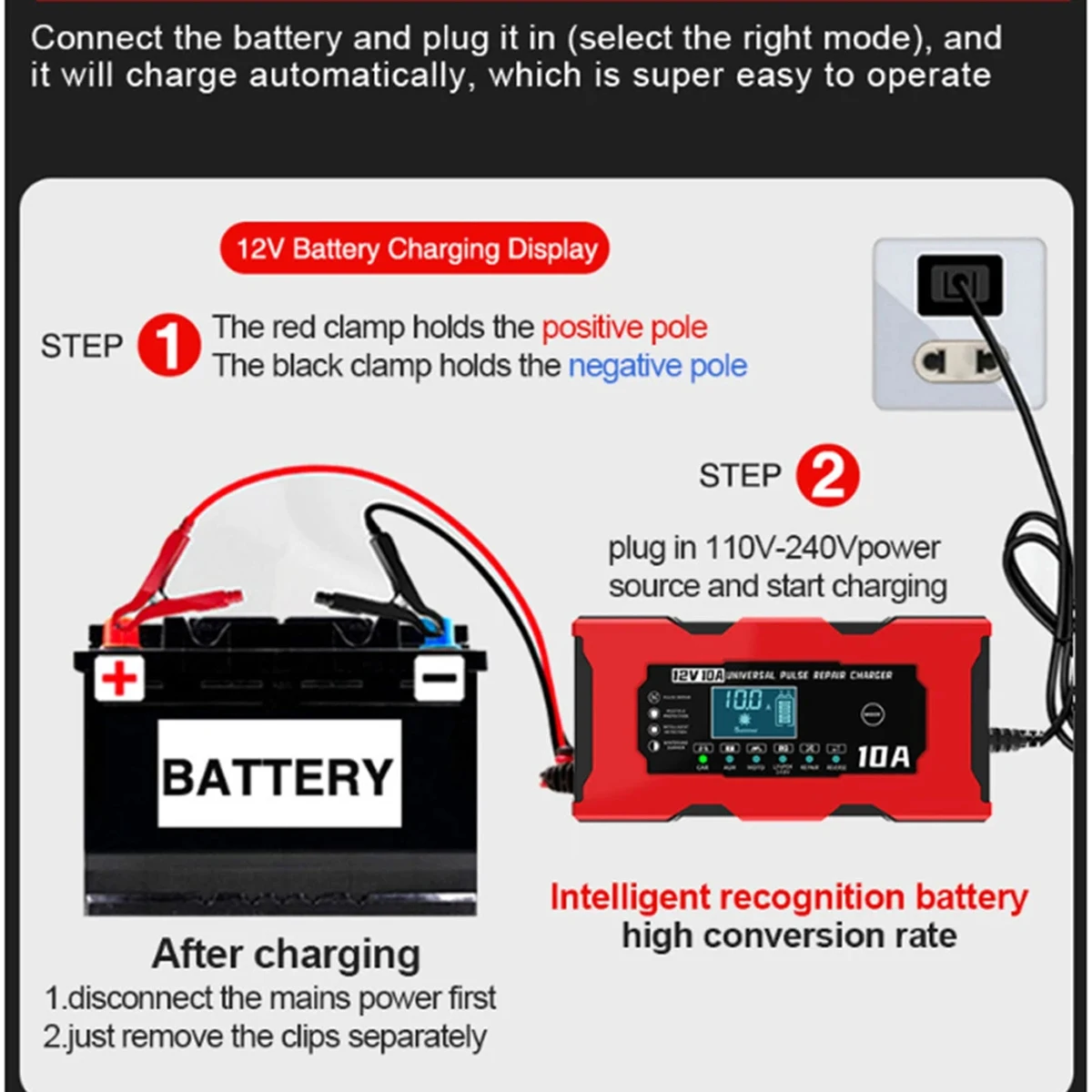 12V 10A 6A Car Battery Charger 14.6V Electric Motorcycles Charger For Lifepo4 Lead Acid AGM GEL PB Smart Lithium Battery Repair