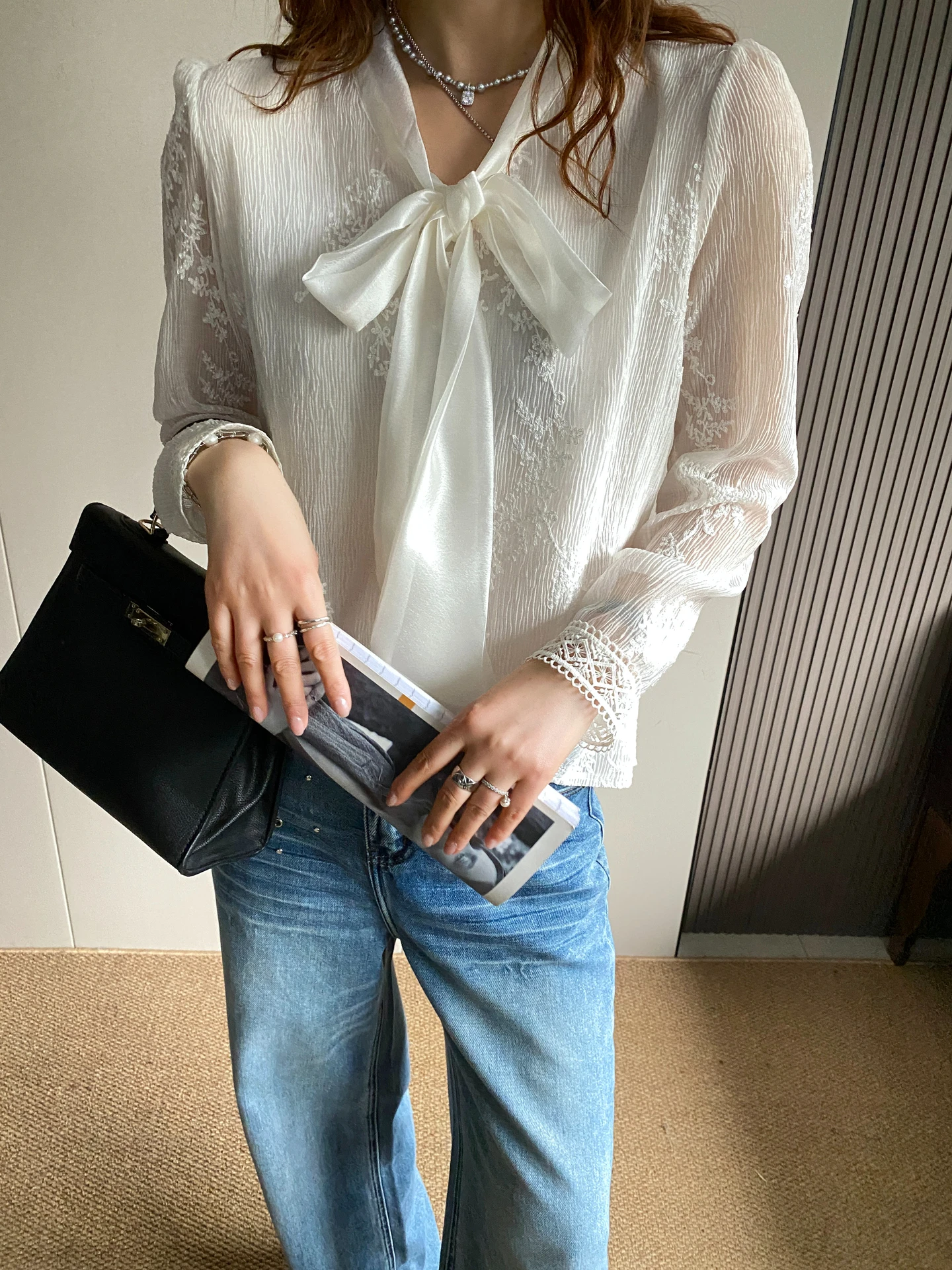 

Женская блузка Ele Long Sleeve с узлом на завязках, весна 2026, свободный крой, дышащая, приятная к телу, повседневная одежда