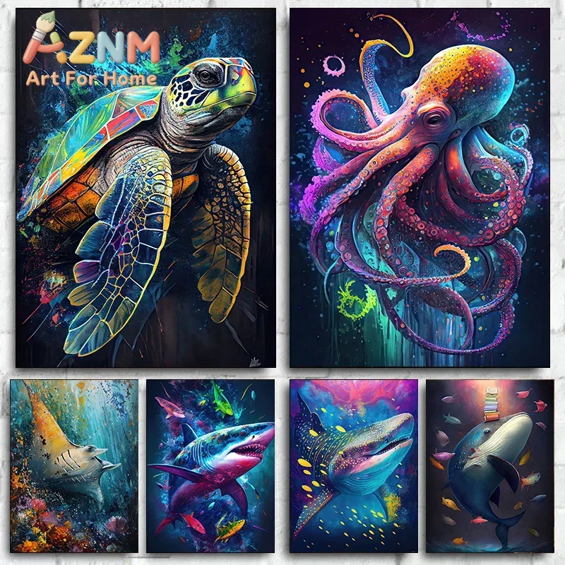 Colorful Ocean Wild Life Shark Seahorse Octopus Turtle Posters Canvas Painting Abstract Animal Wall Art Living Room Home Deco