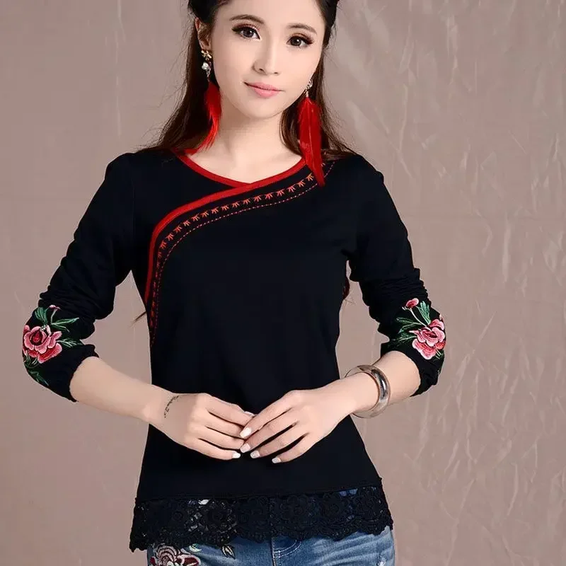 Women Pullover Original Shirt Female Autumn Mexico Style Hippie Vintage Long Sleeve Feature Embroidery Black T Shirt