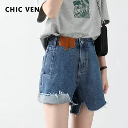 CHIC VEN-pantalones cortos de mezclilla para mujer, cortos de Vaqueros cintura alta, corte irregular, Retro, azul, ropa de calle, verano, 2022
