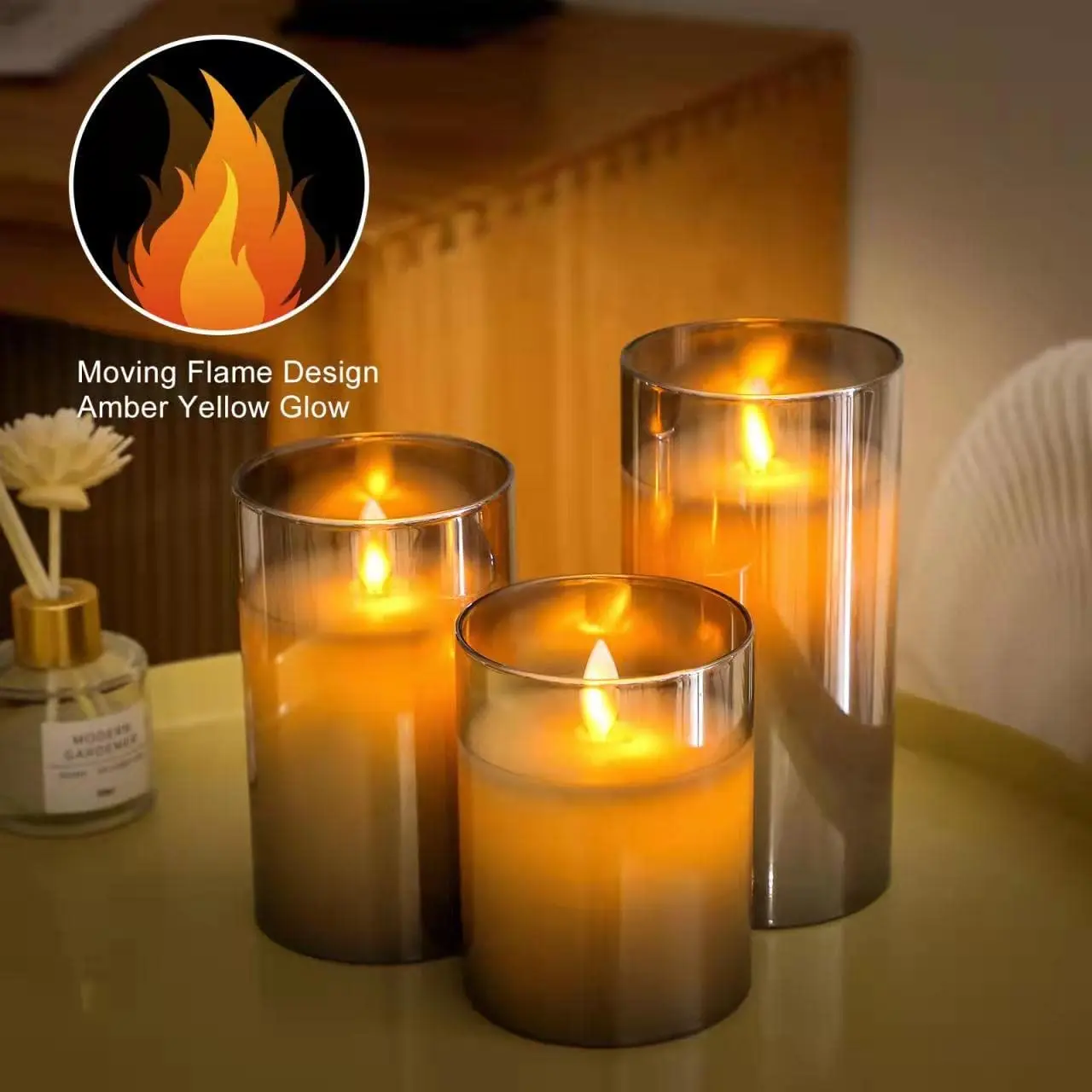 USB Rechargeable LED Flameless Pillar Candle set Flickering Moving Wick Paraffin Real Wax Remote controlled w/Timer-Grey Glass