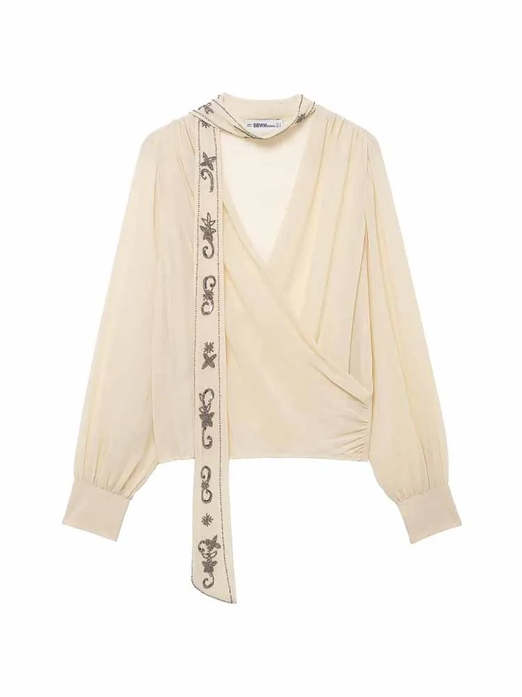 HH Frau Sommer Mode Elegante Lange Ärmel Tiefem V-ausschnitt Georgette Stoff Perlen Schal Dekoration Sexy Hemd Weibliche Süße Tops