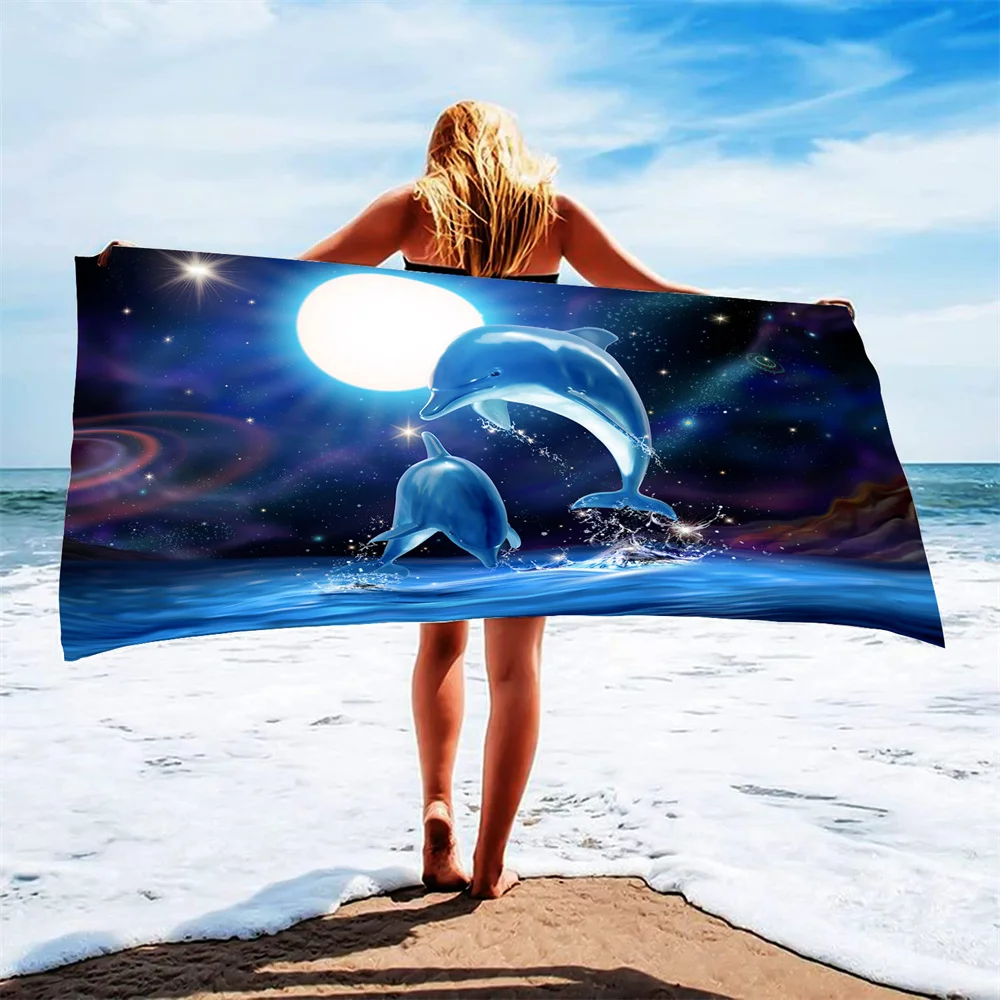 Ocean Microfiber Beach Towel Dolphin Shark Absorbent Swimming Towel Lightweight Quick Drying Pool Towel Perfect for Men Women