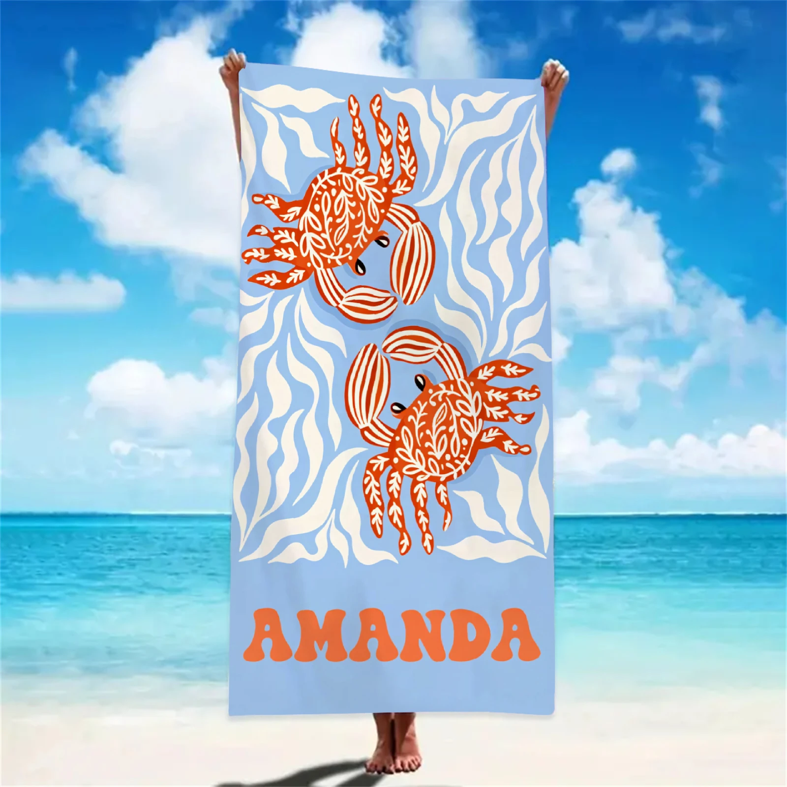 Custom Name Crab Beach Towel 1pc Personalized Lightweight Absorbent Towel for Beach Pool Wholesale Kids Summer Essentials