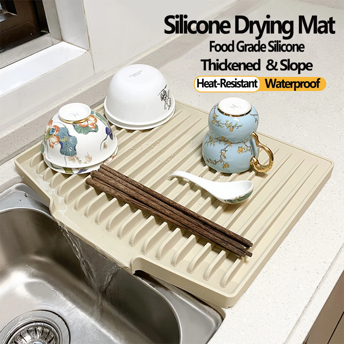 Elevated Slope Silicone Drying Mat-Countertop Pot Mat for Bathroom Vanity Heat-Resistant Non-Slip Waterproof Kitchen Table Mat