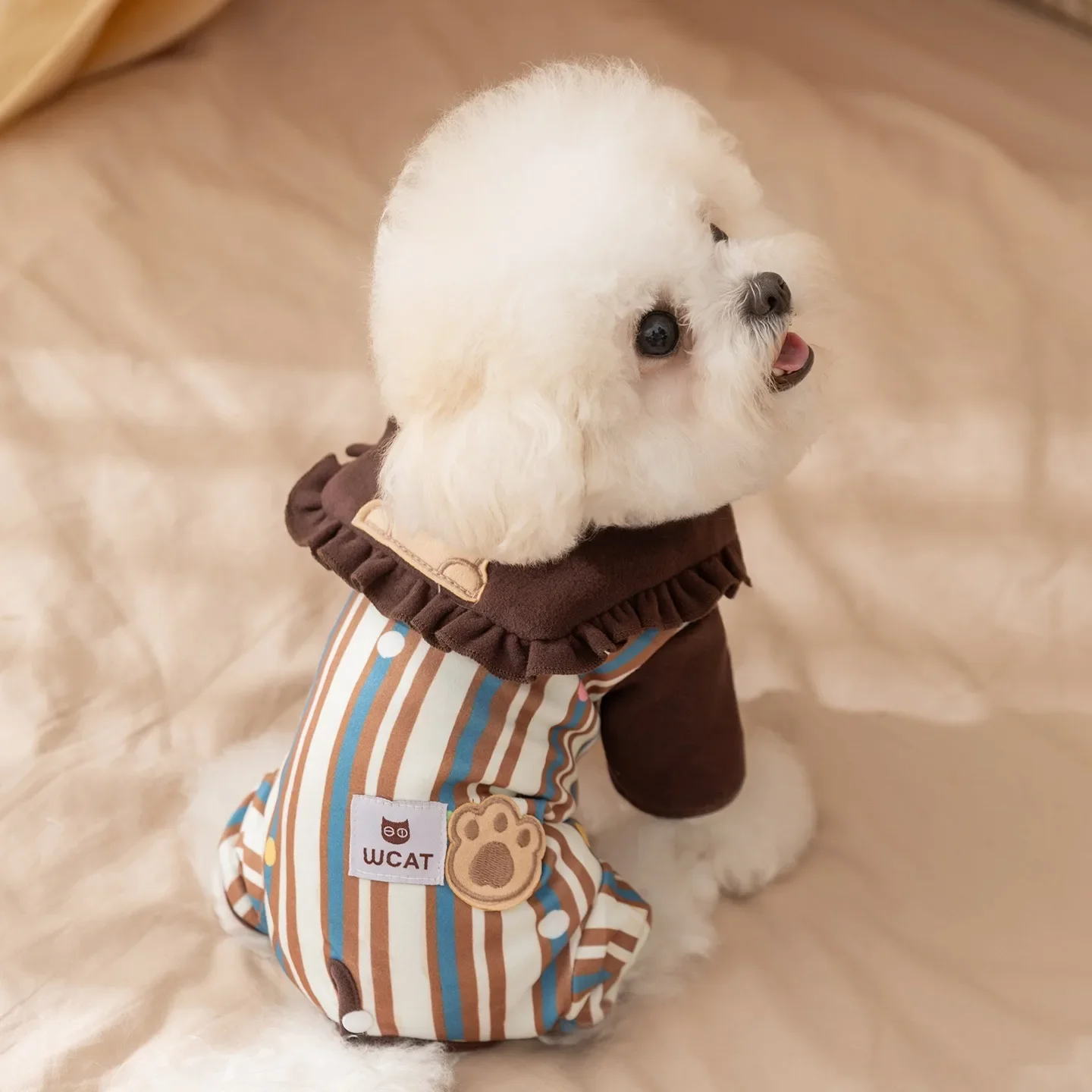 Navy Collar Striped Pet Jumpsuit, Autumn Winter Belly Cover Four Legged Home Clothes for Pomeranians