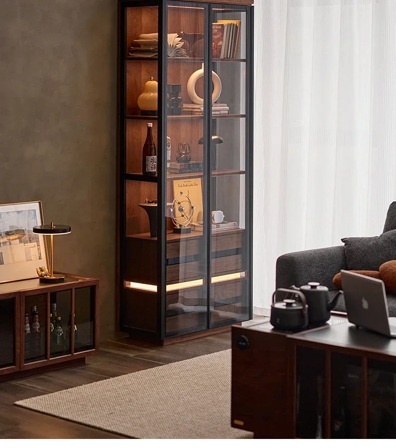 

Solid wood floor-to-ceiling bookcase, black walnut glass, tea set, dustproof bookshelf all over the wall
