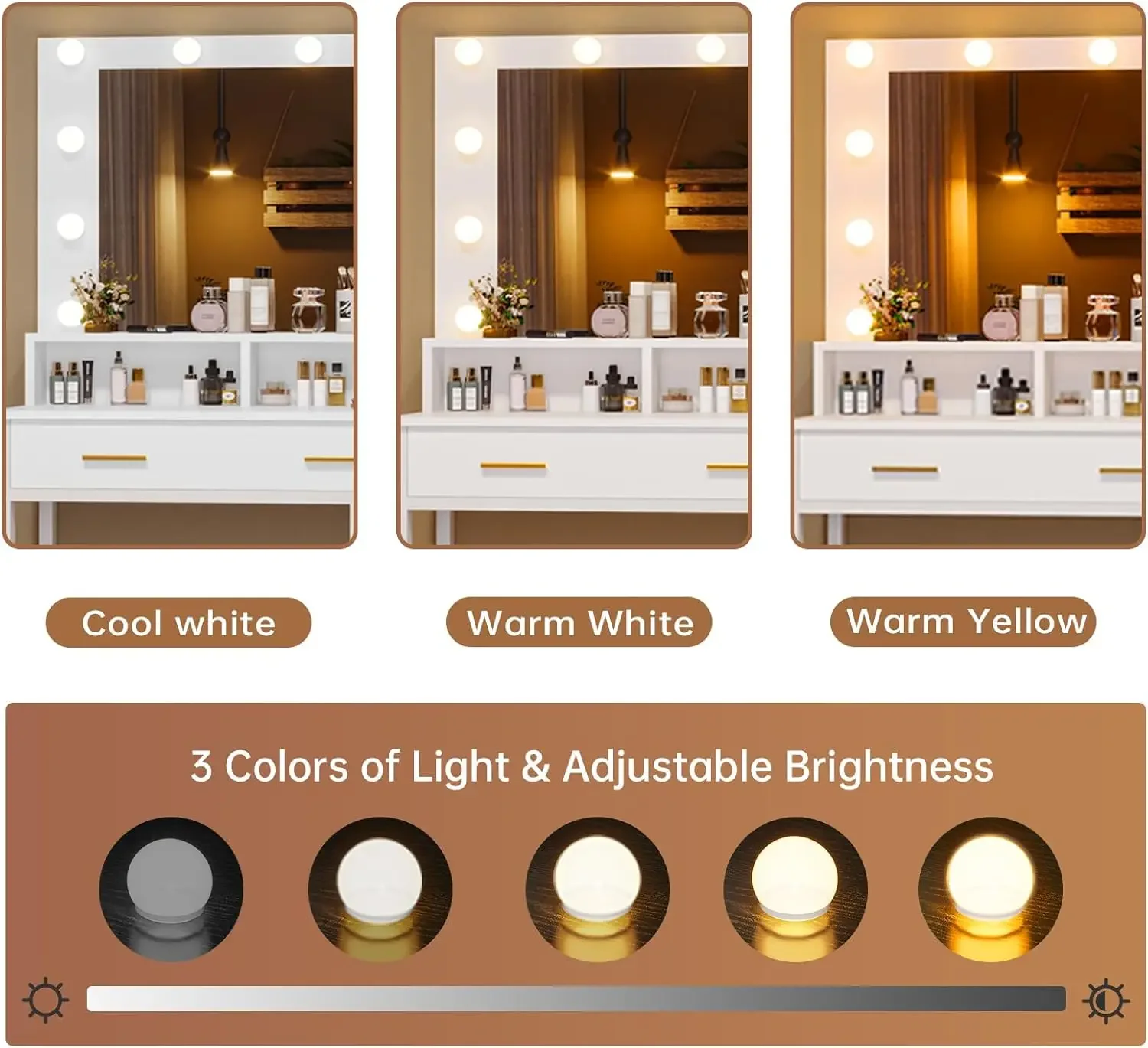 Makeup Vanity with Lights, Vanity Desk with Charging Station, White Vanity Table with 10 Light Bulbs Mirror & 3 Lighting Modes image 3
