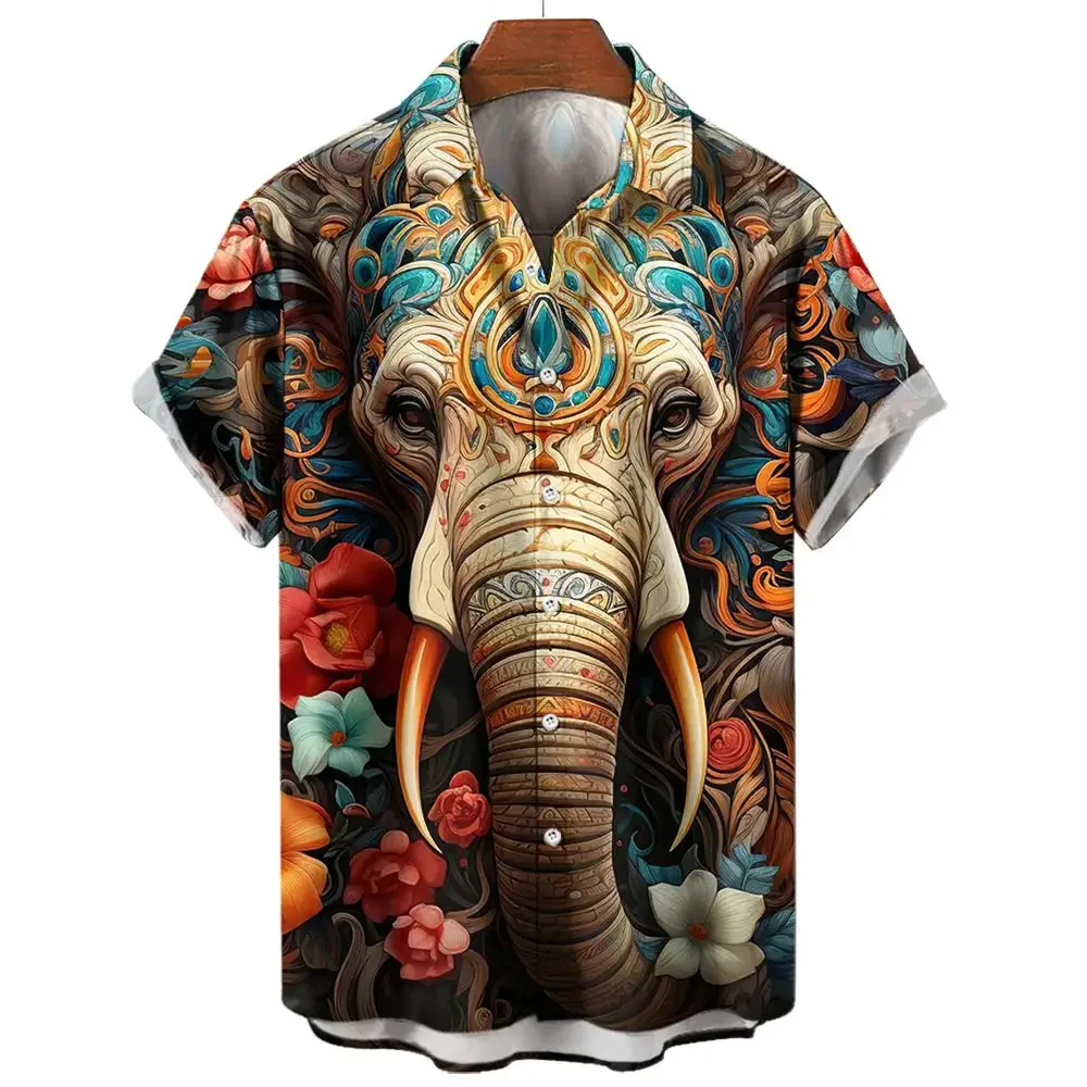 Summer India Elephant 3D Print Shirts Men Fashion Shirt Casual Vintage Streetwear Short Sleeve Shirt Blouse Man Clothing