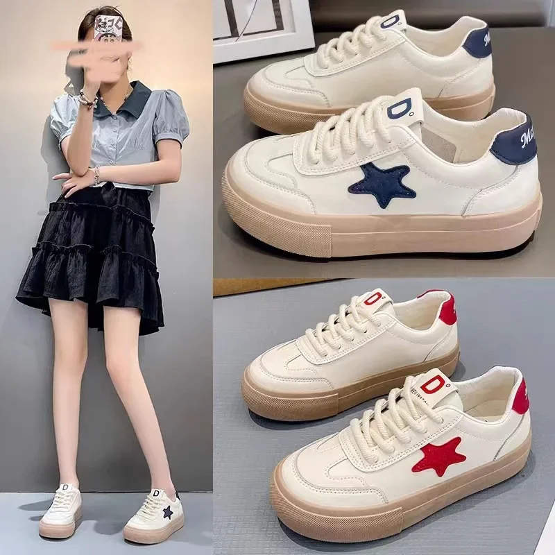 Women White Vulcanized Shoes Spring Autumn Fashion Star Lace Up Flats Tennis Sports Shoes Female Casual Platform Sneakers