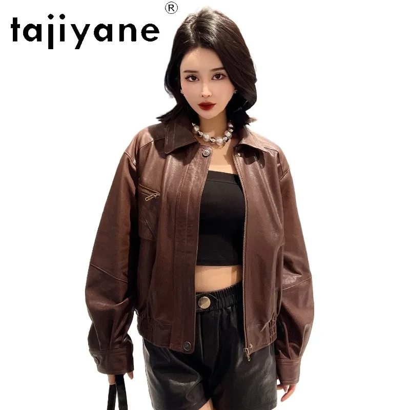 TAJIYANE Vintage Genuine Leather Jacket Woman Vegetable Tanned Sheepskin Leather Coat Cropped Jackets for Woman Lapel Tops 가죽자켓