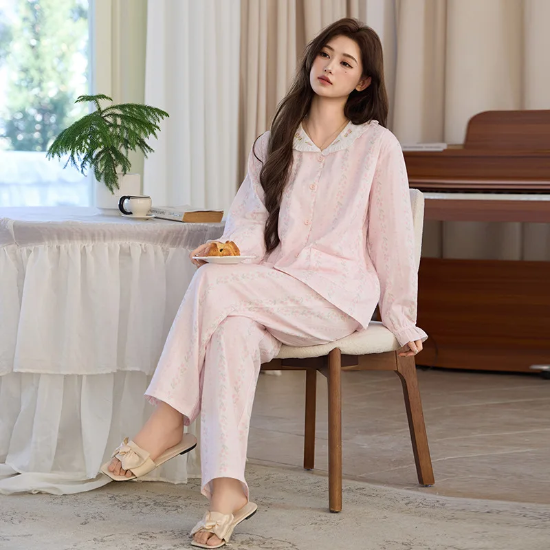 Country Style Pure Cotton Double Layer Muslin Adjustable Postpartum Clothing Home Set for Spring Summer Autumn Pregnancy Nurning