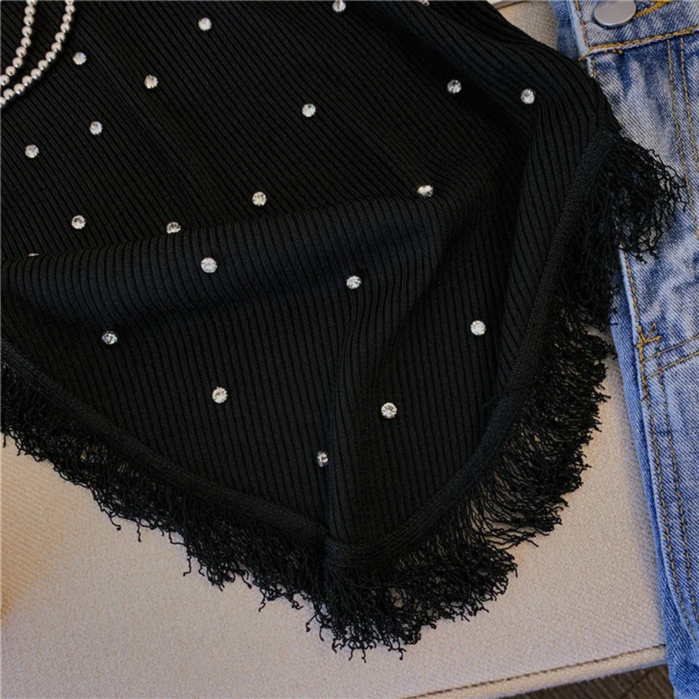 Fashion Sleeveless T Shirt Round Neck Rhienstone Diamonds Tassel Slim Knitted Tank Tops Women Vest 2023 Summer New Tee Knit Wear