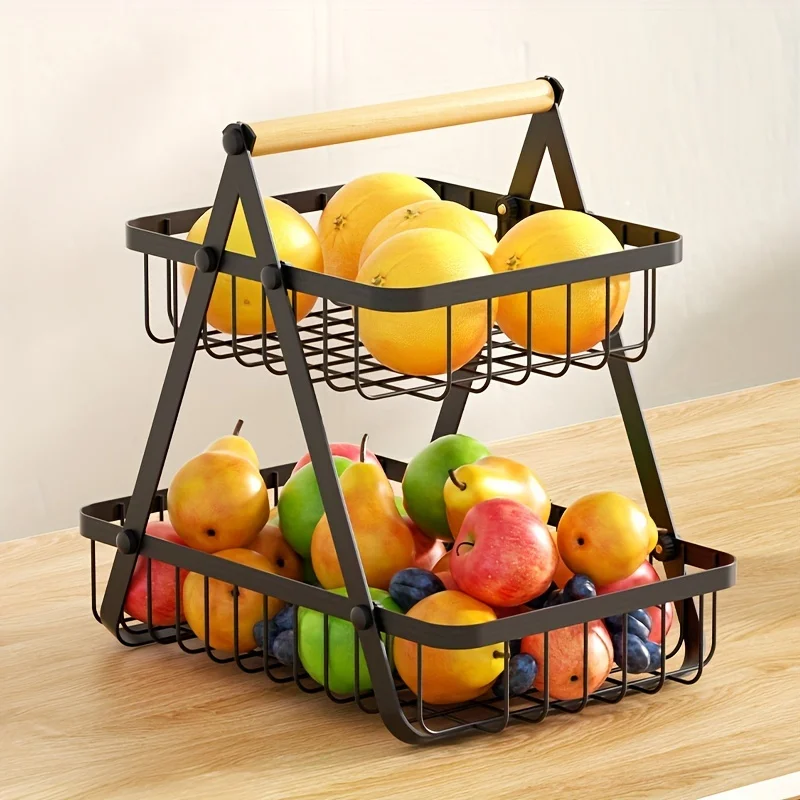 1pc Fruit Basket Fruit Bowl Bread Basket Vegetable Holder for Kitchen Storage, Detachable Metal Wire Basket With Wooden Handle