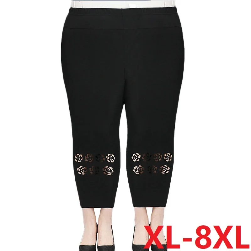 

5XL 6XL 8XL Summer Women Thin Cropped Pants New Elastic High Waist Straight Pants Hollow Loose Middle-aged Female Casual Pants