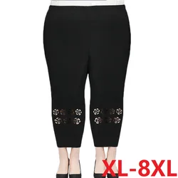 5XL 6XL 8XL Summer Women Thin Cropped Pants New Elastic High Waist Straight Pants Hollow Loose Middle-aged Female Casual Pants