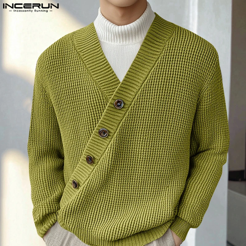 INCERUN Tops 2024 Korean Style Autumn Mens Hot Sale Texture Diagonal Sweater Casual Streetwear Solid V-neck Long Sleeved Sweater