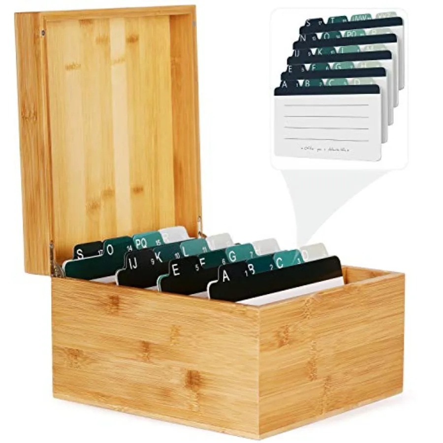 

Index Card Holder 5 x 8 Inch Wooden Business Card Organizer for Desk with 3 Dividers Index Cards Box with A-Z Tabs Holds 600 Ca
