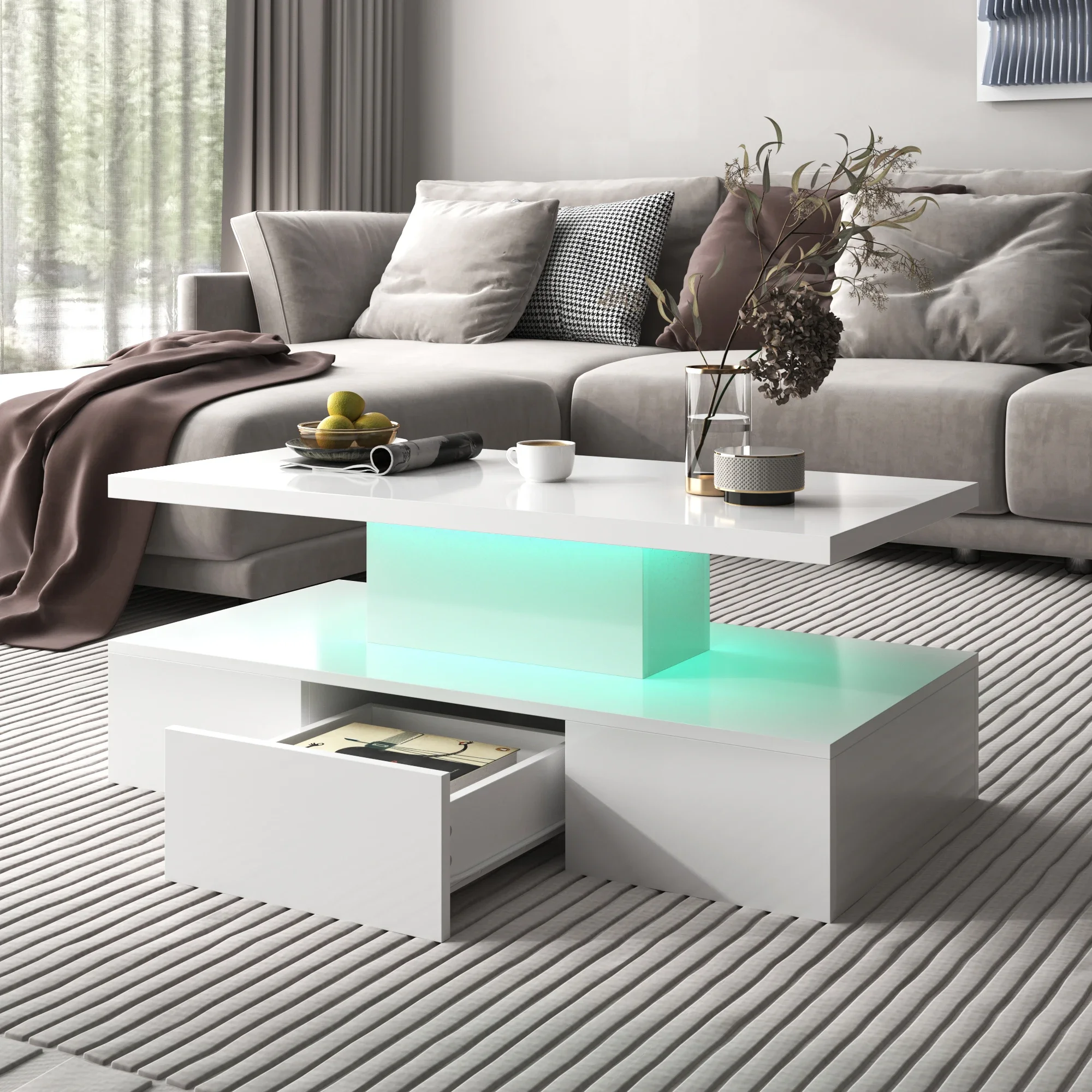 VSOGA Coffee Table, Table With Drawers, High-gloss Finish, Side Table With Two Storage Levels. With LED Light, 100x50cm