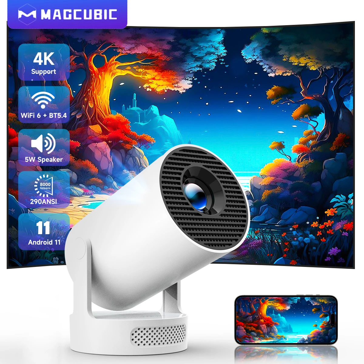 Magcubic HY300 Pro + Projector 4K 720P With 5W Speaker Android 11 290ANSI WiFi 6 BT5.4 Mini Outdoor Video Home Theater Projector