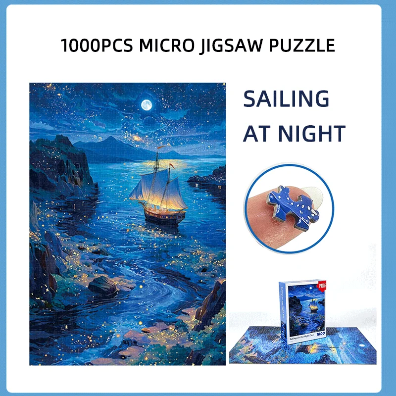 1000 قطعة من أحجية الصور المقطوعة الصغيرة جدًا - رحلة بحرية ليلية مع محيط ليلي مرصع بالنجوم، حجم ملصق 15 × 10 بوصة