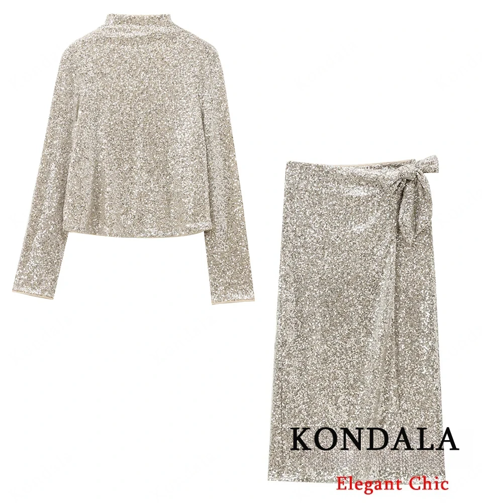 

KONDALA женский элегантный серебряный комплект с водолазкой и блестками, юбка с запахом, комплект из 2 предметов, новинка 2024, весенне-осенний современный комплект