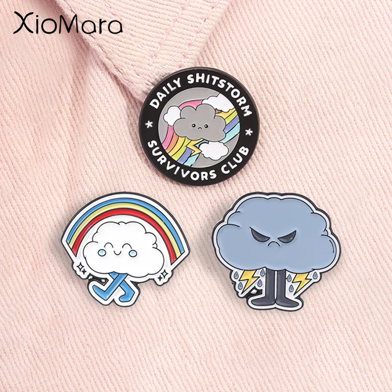 Cartoon Cloud Rainbow Lightning Enamel Pins Daily Shitstorm Survivors Club Funny Weather Mood Brooches Lapel Badge Jewelry Gifts