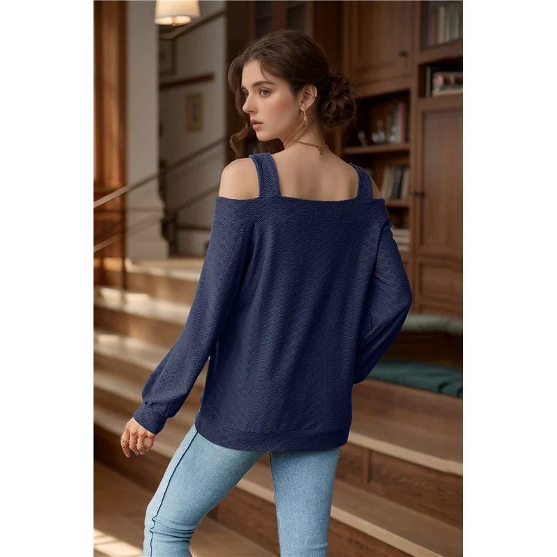 تي شيرت نسائي صيفي برقبة مربعة وأكتاف باردة تي شيرت بأكمام قصيرة وبلوزات بلون سادة-A70Z