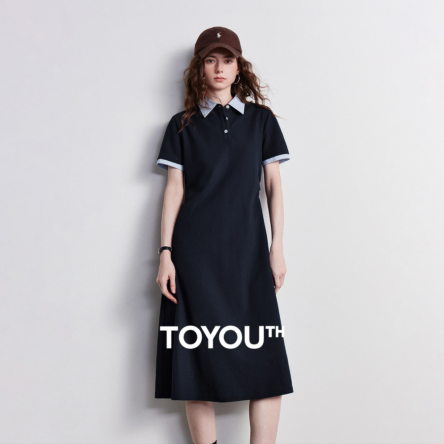 TOYOUTH Women Dress 2026 Summer New Navy Color Block Waist A-Line Intellectual Polo Dress
