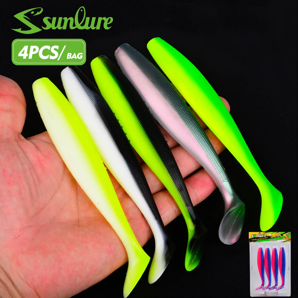 Sunlure 4Pcs/Bag T‑Tail Paddle Soft Lure Artificial Silicone Glitter Swimbait 14.5/17.5cm Soft Bait Bass Saltwater Fishing Pesca