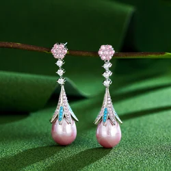 CWWZircons Elegant Design Pink Cubic Zirconia Setting Leaf Shape Long Dangly Drop Pearl Earrings for Women Wedding Banquet CZ735