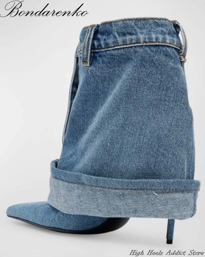 Blue Denim Sexy Cowboy Boots Women Stiletto Heel Pointed Toe Pants Ankle Booties Winter Zipper New in Shoes Free Ship