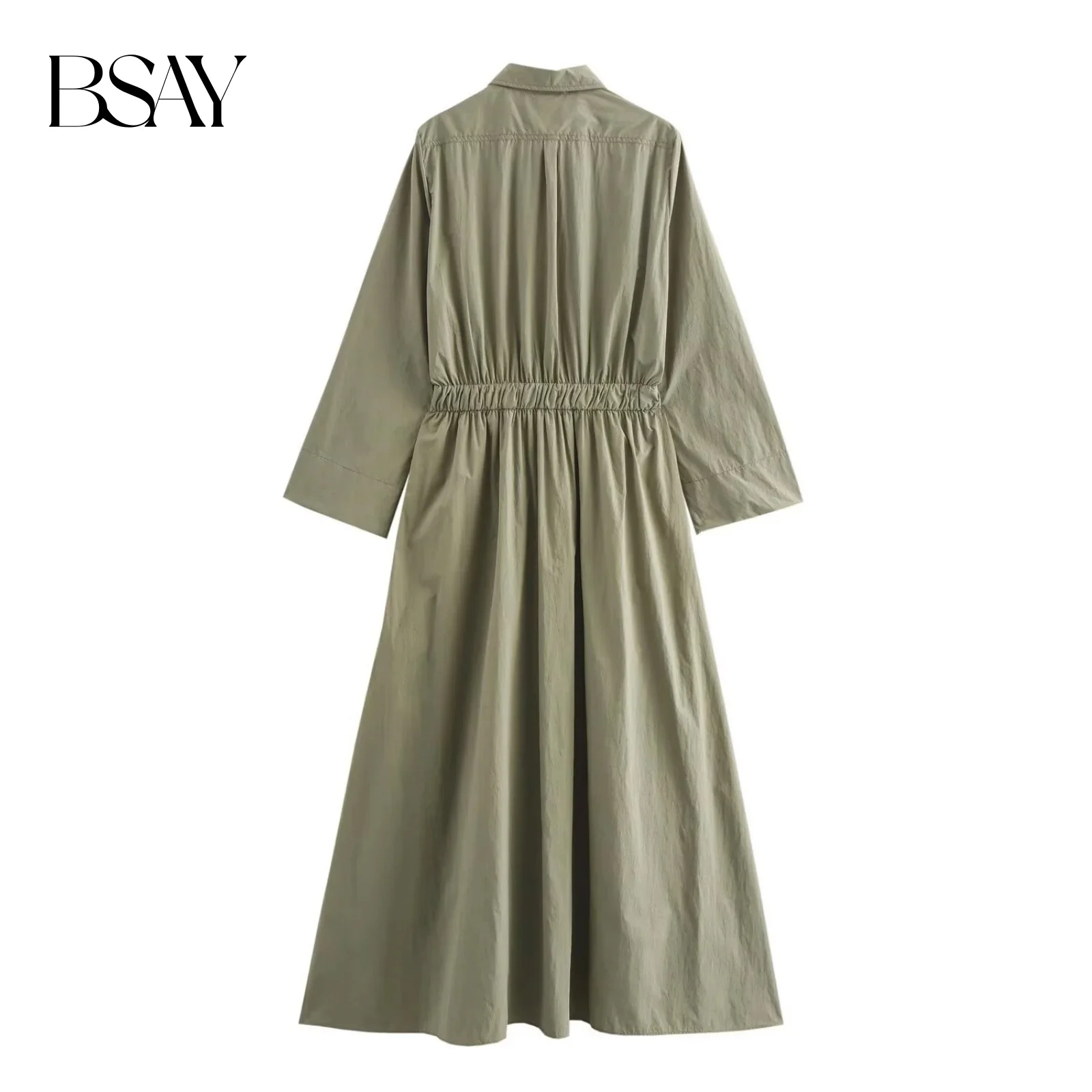 BSAY Damesmode Nieuwe Plooien Lange Mouwen Single Breasted Revers Vintage Shirt Stijl Jurk Frankrijk Chic Vrouwelijke Avond Mujer