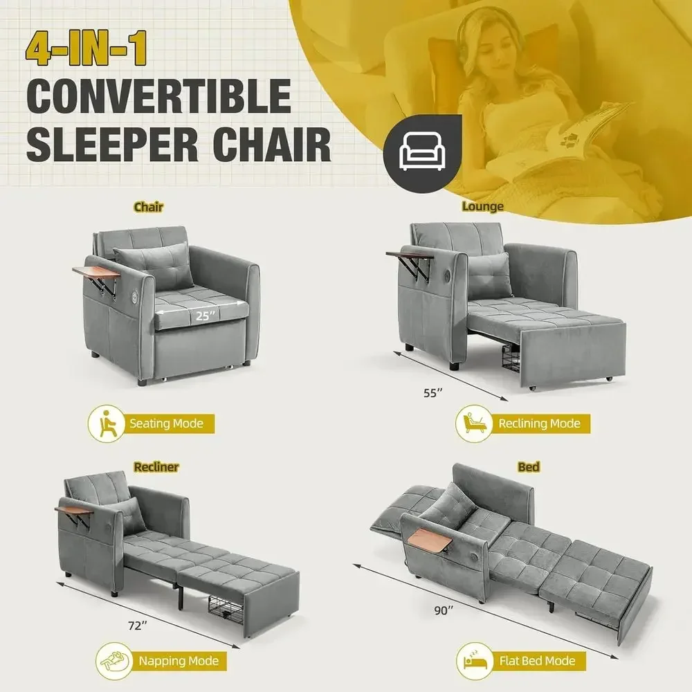 Light Gray Adjustable Sleeper Chair with Folding Table, USB Port, and Storage for Living or Guest Rooms