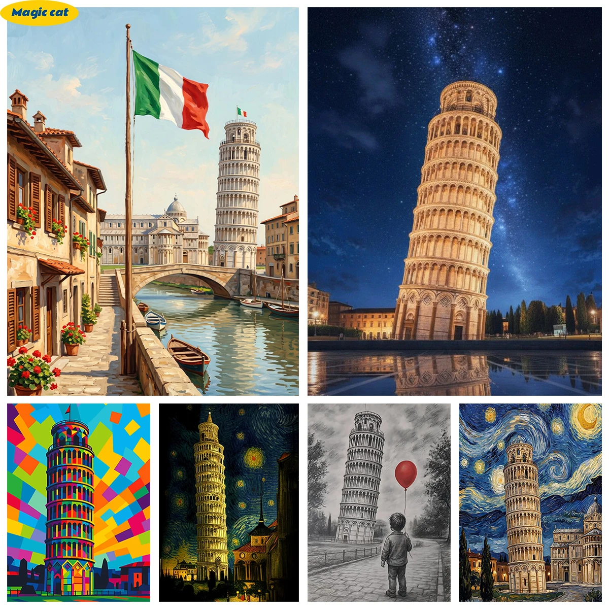 Geometry Leaning Tower of Pisa DIY AB Diamond Painting Starry sky theme 5D Diamond Embroidery Bedroom Home Decor Hand Art