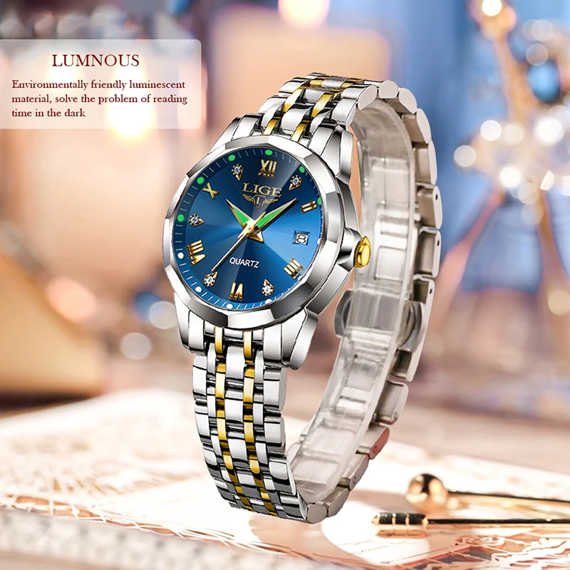 LIGE новые женские часы 2025, стильные элегантные водонепроницаемые светящиеся женские часы с ремешком из нержавеющей стали, часы-календарь для женщин reloj