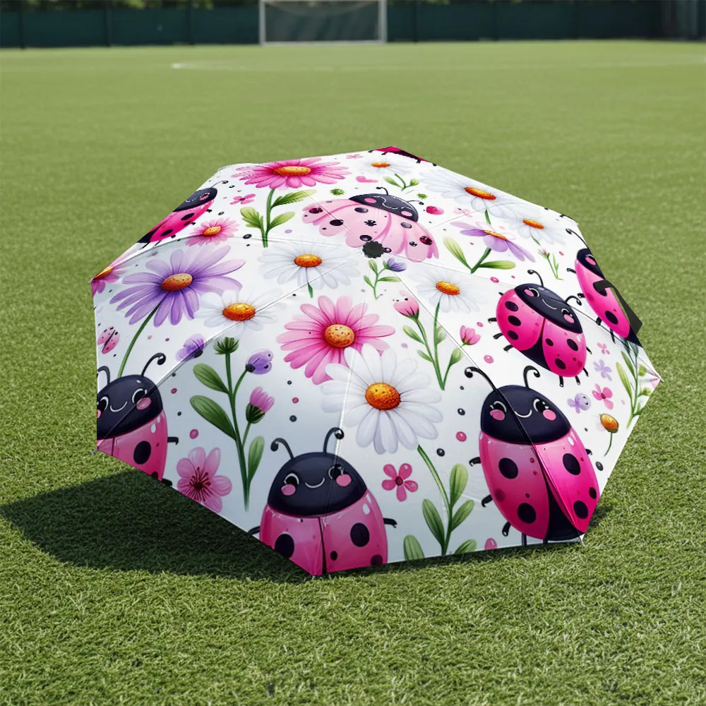 1P C Ladybug and Flower Printed Umbrella in Sunshine Print 8 Iron Ribs Folding Umbrella Auto-Open Fashion Sunshade