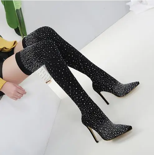 Hot Woman Black Bling Crystal Rhinestone Pointed Toe Thin Heels Over The Knee Socks Boots Female Slim Thigh Long Stretch Botas