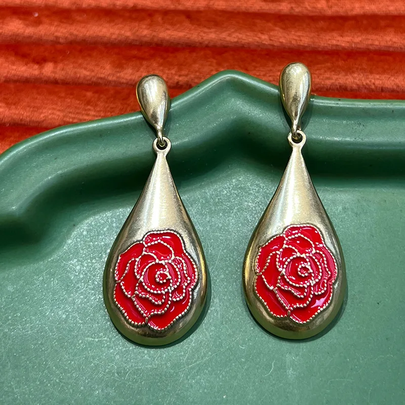 European and American foreign trade brushed vintage water drop-shaped enamel drop pomelo flower French retro S925 premium earrin