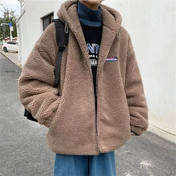 Lamb Velvet Jacket Men's Autumn Winter Loose Warm Tops 2022 New Hooded Coats Cotton Outerwear Polar Fleece Jackets Man