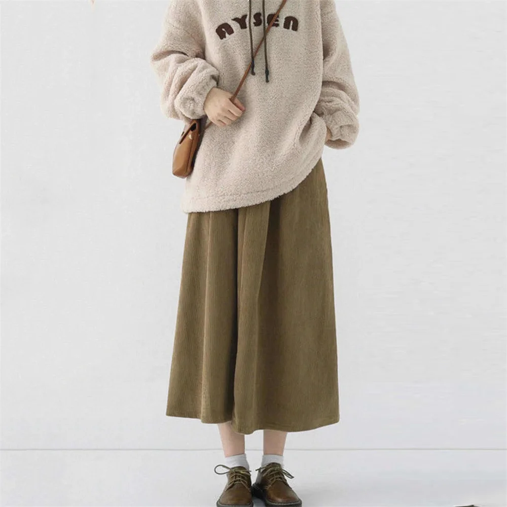 Vintage Cord-Midirock für Damen, mit elastischem Bund, A-Linie, brauner Rock mit Taschen, Herbst/Winter, lässiger Vintage-Langrock für Frauen – Detail 7