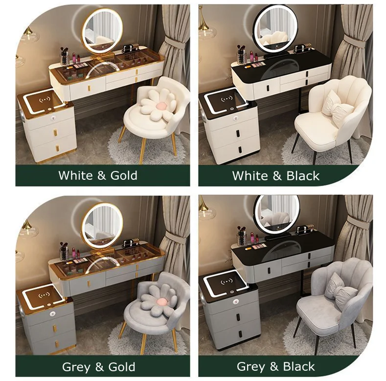 Modern Minimalist Multi-functional Solid Wood Smart Dressing Table With LED Mirror MDF Bedroom Makeup Vanity Table