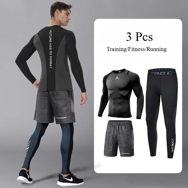 

Spring Autumn Fitness Set Men's Tight Long Sleeve Quick Dry Training Suit Sports Running Football Basketball Base Clothes Top