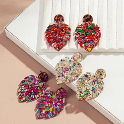 Sequins Acrylic Colorful Monstera Leaf Drop Earrings for Women Exaggerated Tropical Leaves Plant Earrings Fashion Jewelry Gifts