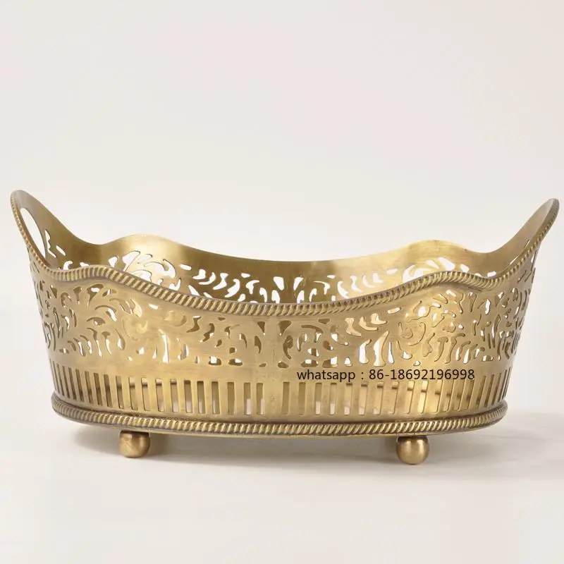 Indian Imported European Style American Luxury Brass Hollow Double Handle Fruit Plate Retro Light Luxury Desktop Storage Fruit